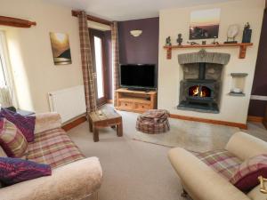 sala de estar con chimenea y TV en 2 Yr Hen Felin en Haverfordwest