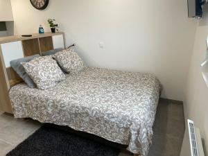 ein Schlafzimmer mit einem Bett mit einer Decke und Kissen in der Unterkunft Studio vue sur mer classé 3 étoiles, Calais in Calais