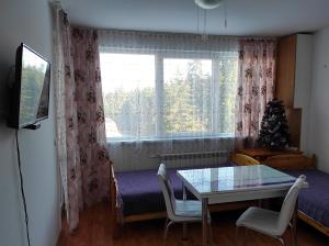 a room with a table and a window with a christmas tree at IGLIKA 2 SNOWY NIGHT V18 in Borovets
