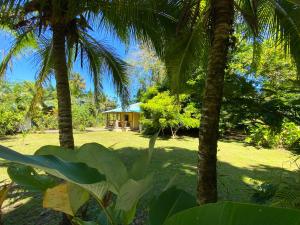 曼薩尼約的住宿－Private Villa on 2-Acres of Jungle Garden & Pool，两棵棕榈树之间的鸟雕塑