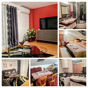 een collage van foto's van een woonkamer met rode muren bij Apartman Hrastik 2 in Bihać