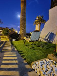 Playa del AguilaにあるIl piccolo paradisoの椰子の木のそばの芝生に座る椅子