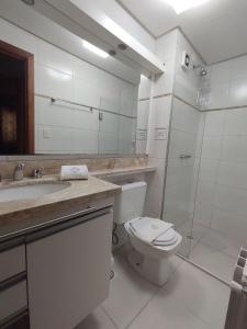 a bathroom with a toilet and a sink and a shower at Charmoso, Junto ao Mini Mundo, para sair e deixar o carro na Garagem. in Gramado