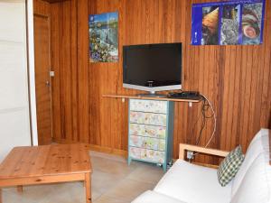 a living room with a tv on top of a wooden wall at Appartement Pralognan-la-Vanoise, 3 pièces, 3 personnes - FR-1-464-183 in Pralognan-la-Vanoise
