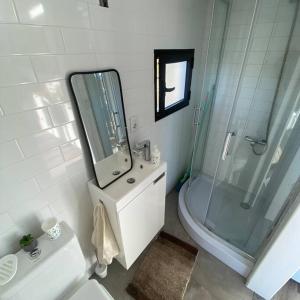 a bathroom with a shower and a sink and a mirror at Tiny House Agua en La Juanita in José Ignacio