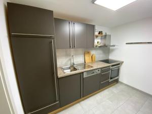 a kitchen with gray cabinets and a sink at Haus Maria Isenburg - Naturpark Rhein-Westerwald in Isenburg +16 photos