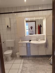 uma casa de banho com um WC, um lavatório e um espelho. em Ferienwohnung mit Charme em Lauenförde