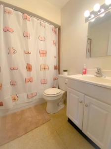 y baño con aseo, lavamanos y cortina de ducha. en 17 S First - Unit 6 17 s first street unit 6 en Trenton