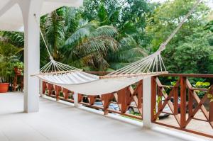 a hammock on the porch of a house at Villa Massis Luxury Villas in San Ignacio
