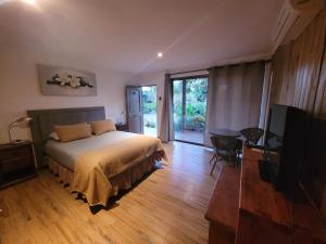 a bedroom with a bed and a flat screen tv at Te Ariki - Adults Only in Hanga Roa