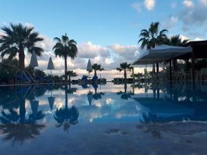 - une piscine bordée de palmiers et de parasols dans l'établissement Ilian Beach & Apartments, à Réthymnon