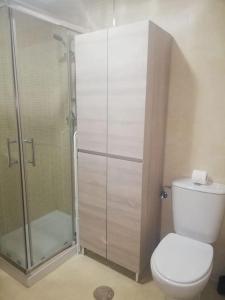 a bathroom with a toilet and a glass shower at Apartamento Colombres in Colombres