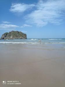a beach with a small island in the ocean at Apartamento Colombres in Colombres