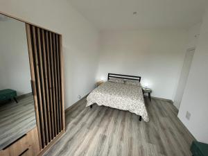 Un dormitorio con una cama y un espejo grande. en Business Loft, en Civitanova Marche