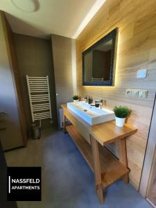 a bathroom with a white sink and a mirror at Haus Anja NASSFELD APARTMENTS in Sonnenalpe Nassfeld