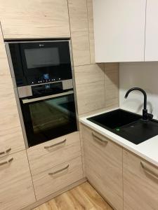 uma cozinha com um micro-ondas e um lavatório em Jaunimo Apartamento em Alytus