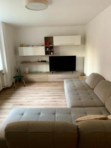 sala de estar con sofá y TV de pantalla plana en Jaunimo Apartamento, en Alytus