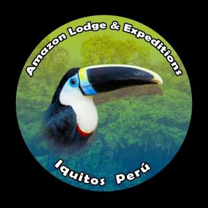 a picture of a toucan with the words penguin lodge and expeditionediaptic at Amazon Lodge and Expeditions in Iquitos
