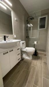 a bathroom with a white sink and a toilet at Filip Luxury Suite in Belgrade