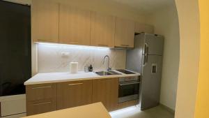 uma cozinha com armários de madeira e um frigorífico de aço inoxidável em Filip Luxury Suite em Belgrado