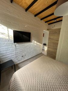 a bedroom with a bed and a tv on a wall at Andrea Houses in Chacras de Coria