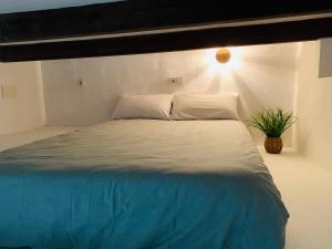 a large bed in a bedroom with a light at Casita del Flamingo en Casco Histórico in Alicante