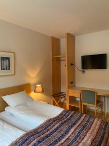ein Hotelzimmer mit einem Bett, einem Schreibtisch und einem TV in der Unterkunft Dalahótel in Laugar