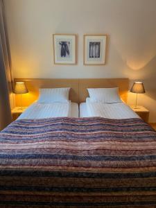 2 Betten in einem Hotelzimmer mit 2 Lampen in der Unterkunft Dalahótel in Laugar