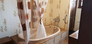 a bathroom with a bath tub with a shower curtain at MAISON DE CHARME AVEC JARDIN CLOS in Rivedoux-Plage +28 photos
