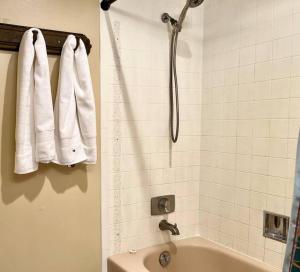 a bathroom with a shower and a tub with towels at Lake Front Studio with Kayaks Bikes near Greenbelt in Boise +20 photos