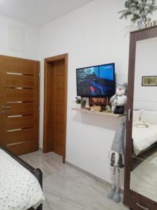 a bedroom with a tv on the wall and a mirror at Apartman Gakić 2 in Nova Varoš