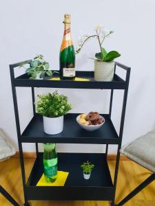 a black shelf with a bottle of wine and plants at Leon 3 wunderschönes neues Apartment in Linz