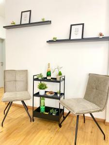 dos sillas y un estante con botellas y plantas en Leon 3 wunderschönes neues Apartment, en Linz