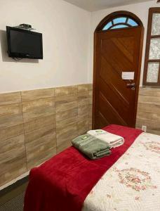 a bedroom with a bed with a television and a door at Estúdio ( Kitnet ) confortável in Ouro Preto