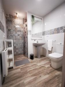 ein Badezimmer mit einem WC, einem Waschbecken und einem Spiegel in der Unterkunft El Viaje a Elba Centro y Playa in Vilagarcia de Arousa