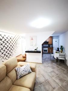 ein Wohnzimmer mit einem Sofa und einer Küche in der Unterkunft El Viaje a Elba Centro y Playa in Vilagarcia de Arousa