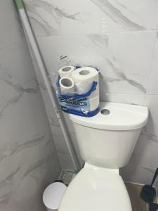 a white toilet in a bathroom with marble walls at GOLDSTONE LONDON STUDIO WITH ACCESS TO GARDEN in Saint Mary Cray