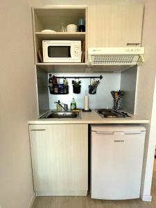 una pequeña cocina con fregadero y microondas en Studio & Balcon - Clim - Gare, en Lourdes