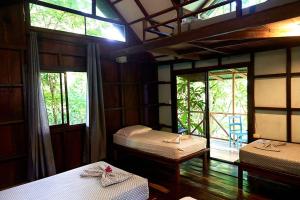 una camera con due letti in una stanza con finestre di Luz En El Cielo Eco-B&B/Hostel a Montezuma