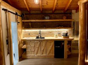 a kitchen with a sink and a counter in a cabin at Νύμφες Σαλέ Αλκυόνη in Pirá