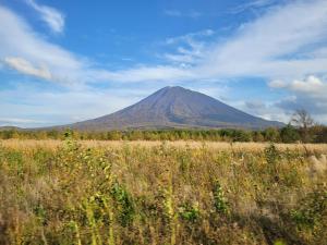 una montaña en la distancia con un campo en primer plano en Q FOX GMG HOTEL, en Niseko