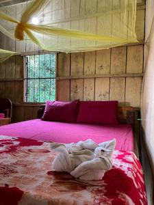 Phumĭ Kâoh RŏngにあるSweet View Guesthouseのベッドルーム1室(ピンクのシーツが敷かれたベッド1台、窓付)