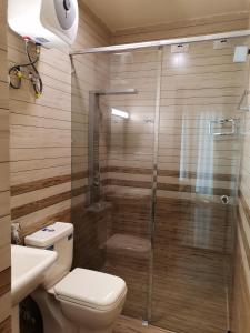 a bathroom with a shower and a toilet and a sink at Y Villa Residencies in Galle