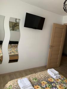 a room with a tv and a bed and a mirror at Apartament Carolina Parc in Alba Iulia