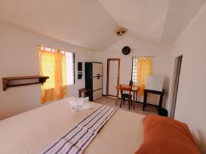 a bedroom with a large bed and a desk at Patrick's on the Beach Resort in General Luna