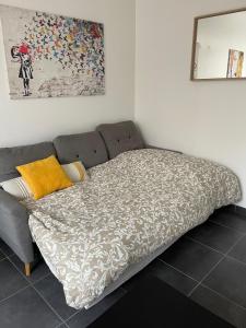 Bett in einem Zimmer mit grauem Sofa in der Unterkunft Bel Appartement Grande Terrasse avec parking à Dijon in Dijon