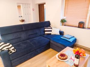 a blue couch in a living room with a table at Apartament LABA in Sosnówka