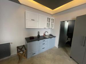 クルジュ・ナポカにあるEngels apartmentの白いキャビネット、シンク、冷蔵庫付きのキッチンが備わります。