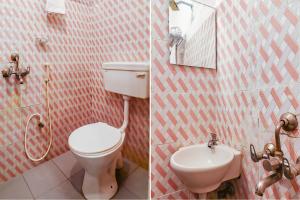 two pictures of a bathroom with a toilet and a sink at FabExpress Broholic Suites in Hyderabad