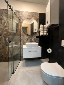 uma casa de banho com um lavatório, um WC e um espelho. em Apartamenty Warowna 2 em Pszczyna